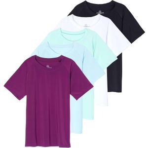 Real Essentials 5 Pack: Girls Rash Guard Swim Shirts  Short Sleeve UPF Sun Protection Tops (Ages 4-16) (Large)