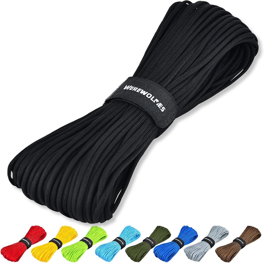 WEREWOLVES Paracord Rope, 7 Strand Type III Parachute Cord 4mm 100ft / 200ft for Crafting, DIY Projects, Survival Bracelets (Black, 100 ft)
