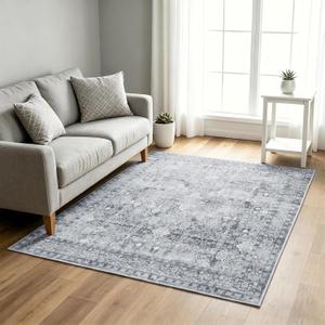 5x5 Square Washable Area Rug: Low Pile Non Slip Large Floor Mat Soft Barefoot Comfort for Small Living Room Grand Entryway Master Bedroom Playroom and Apartment Decor Grey