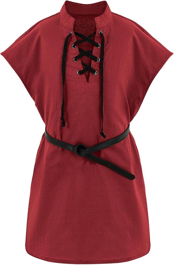 Boys Kids Renaissance Pirate T Shirts Viking Medieval Sleeveless Lace Up Costume Scottish Cotton Tank Tops (8-10 Years, Red)