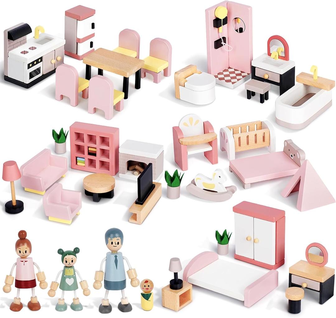 Wooden Dollhouse Furniture Set with 4 Family Dolls, 36 Pcs Sanlebi Doll House Accessories and Furniture, Miniature Furniture Including 5 Room Kits, Pretend Play Toy Gift for Boys Girls Toddler 3+