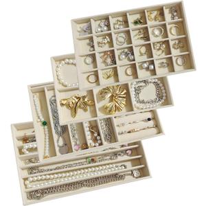 Stackable Jewelry Trays Organizer for Drawer Set of 4 Velvet Drawer Inserts Organizer Jewelry Organizers and Display Set for Earrings, Rings, Necklaces, Bracelets (Beige)