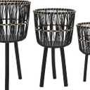 Set of 3 Woven Basket Decorative Planter Pot – Bamboo & Pine Wood Outdoor & Indoor Plant Pot – Modern Boho Garden and Home Decor Planters – 19", 23", & 26", Black