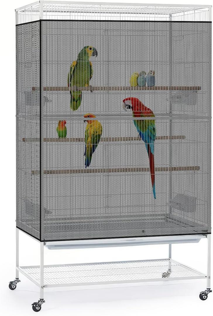 Bissap Bird Cage Seed Catcher, 90-118 Universal Birdcage Net Nylon 31.8'' H Adjustable Elastic Band Stretchy Skirts Mesh Cover for Parrot Cage Seed Guard (Not Include Birdcage)- Black
