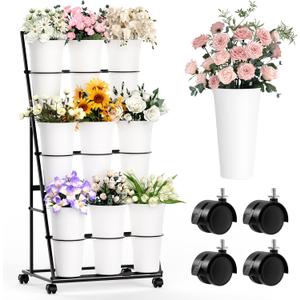 Invech Flower Display Stand with 9 Buckets and Wheels, 3 Tier Flower Cart Display Stand for Indoor Outdoor Garden, Wedding, Flower Shop (Black)