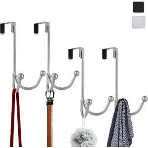 HFHOME 4Packs Over The Door Double Hanger Hooks, Metal Twin Hooks Organizer for Hanging Coats, Hats, Robes, Towels- Silver