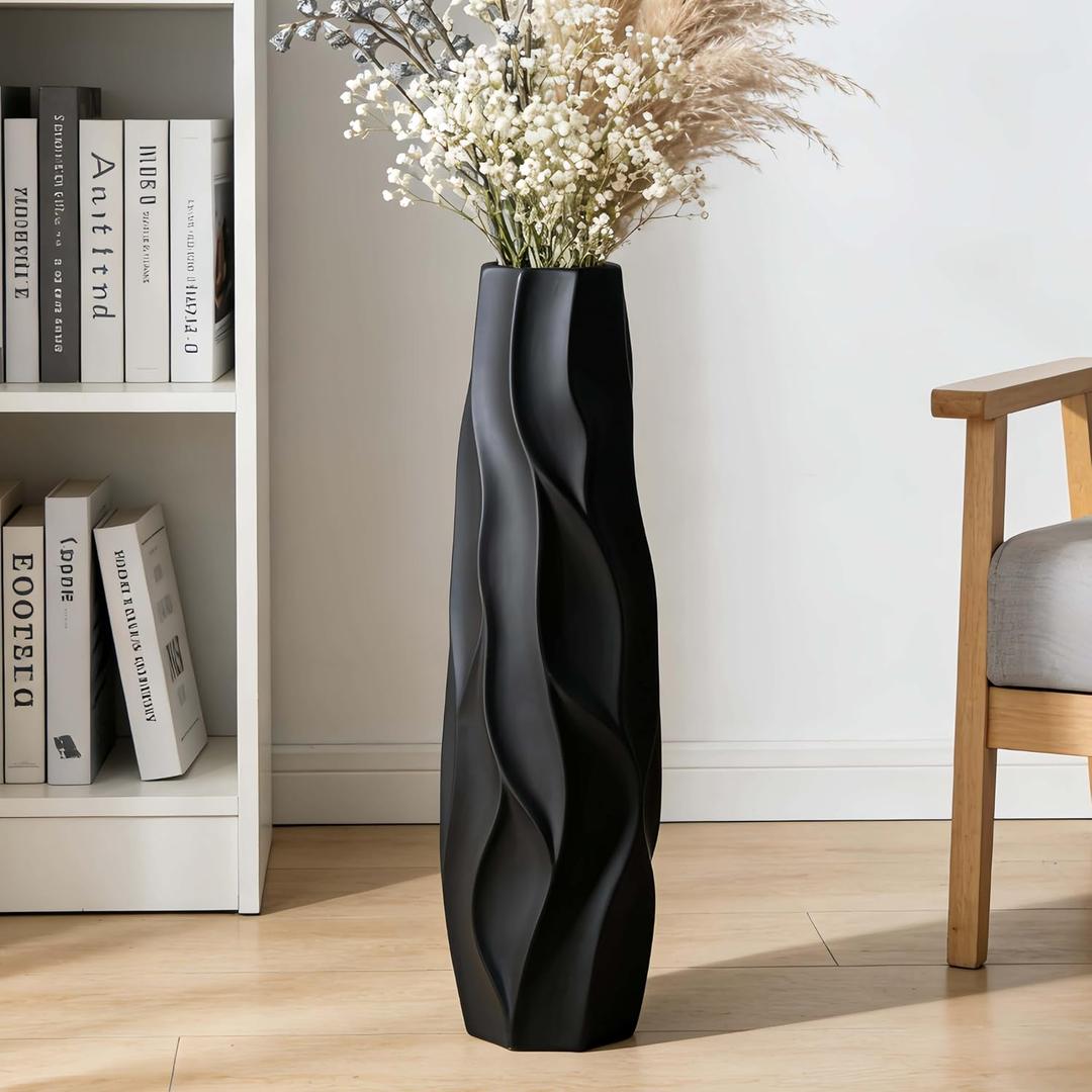 Black Tall Ceramic Floor Vase, 28 Inch, Pleated Wave Design