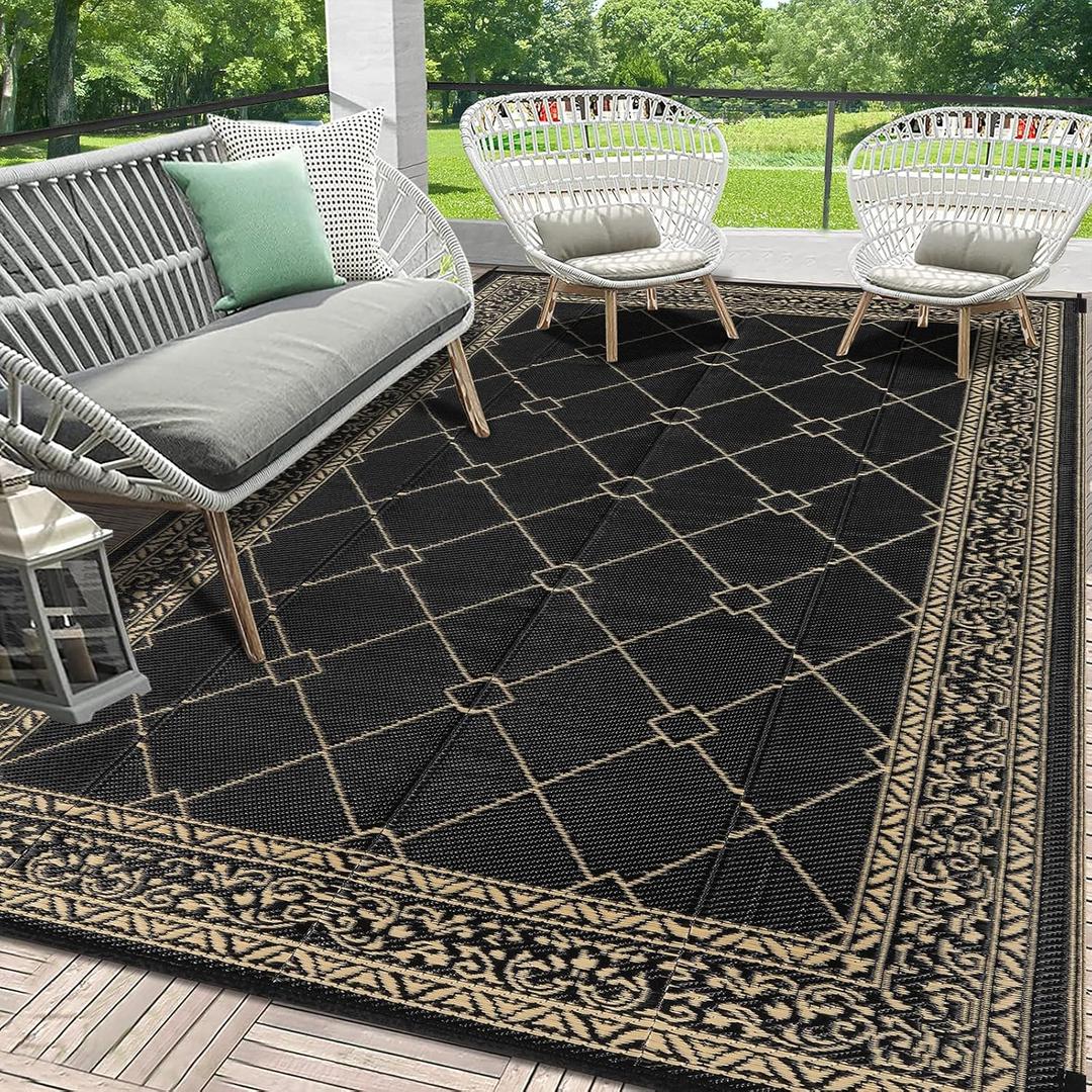 HEBE Outdoor Rug Waterproof 6x9, Reversible Plastic Straw Rug RV Camping Rug, Indoor Outdoor Patio Mat Clearance, Outside Carpet for Porch,Deck,Camper,Balcony,Backyard,Picnic (Diamond/Black)
