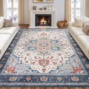 Rugflix 8x10 Area Rugs for Living Room, Washable Rug, Soft Low Pile Carpet, Non-Slip, Stain Resistant, Vintage Area Rug, Blue Orange Rug for Bedroom, Dining Room, Home Office