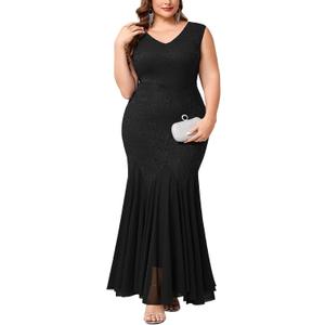 Plus Size Lace Formal Sexy Maxi Dress with Mermaid Mesh V-Neck Off The Shoulder Dress Wedding Cocktail Evening Gown 3XL