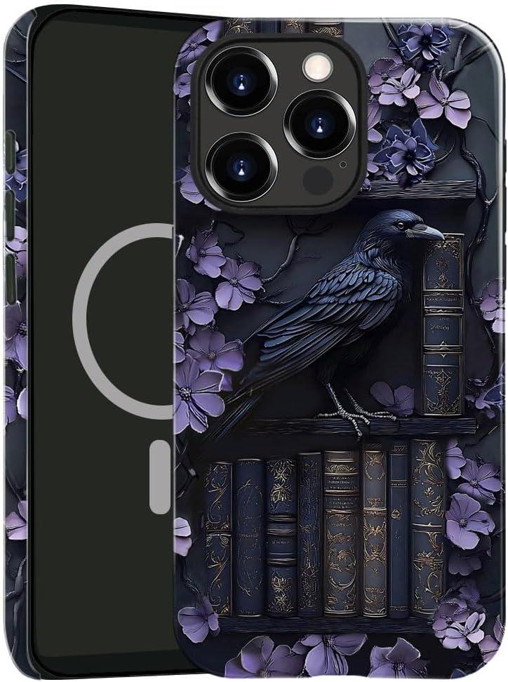 Case Compatible with iPhone 16 Pro Max,Compatible with MagSafe,Glossy Fall Prevention Hybrid 2-Layer Hard Shell Cases for Girls Boys,Purple Floral Crow Bookshelf