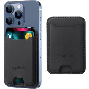 TopMade Phone Card Holder, Premium Leather Phone Wallet Stick on, Stronger 3M Adhesive Credit Card Holder for Back of Phone Case, iPhone, Samsung, and Android, RFID Blocking, Fit 4 Cards, Black