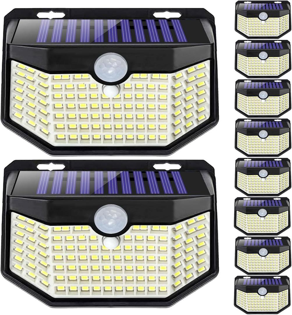 HMCITY Outdoor Solar Lights 120 LED with Motion Sensor and 3 Lighting Modes, IP65 Waterproof, 130  Wide Solar Wall Lights Powered for Garden Patio(Front Button 10Packs, Black Shell-Daylight White)