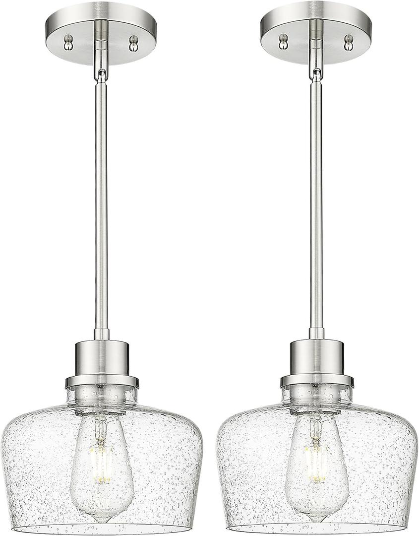 Emak Modern Brushed Nickel Pendant Lights Kitchen Island, 2 Pack 8 Inch Seeded Glass Pendant Light Fixtures for Kitchen Island, Bathroom, Bedroom, Dining Room, PL122-BN-2PK
