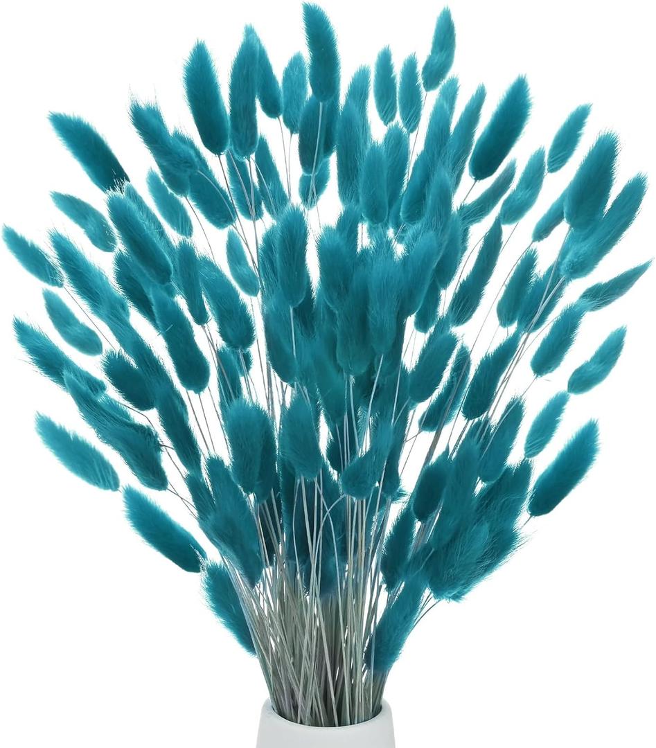 M METERXITY 120-Pack Bunny Tails Grass 17 Inch Fluffy Rabbit Tail Grass Dried Flowers Branches Vase Filler Dried Grass Decor for Home/Wedding/Vase/Office/Party [Blue Green]