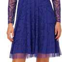 Adrianna Papell Long Sleeve Rose Beaded Cocktail Dress (Blue, M)