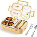 NUKied Stainless Steel Lunch Box for Kids & Adults, 3-Compartment Leak Proof Metal Bento Lunch Box with Fork & Spoon, 26.4 oz Airtight Food Storage Snack Container for School, Work, Travel (Yellow)