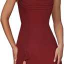 Aisbei Women's Sexy Square Neck Dress Sleeveless Elegant Ruffle Side Slit A Line Party Club Mini Dress (Red) Medium