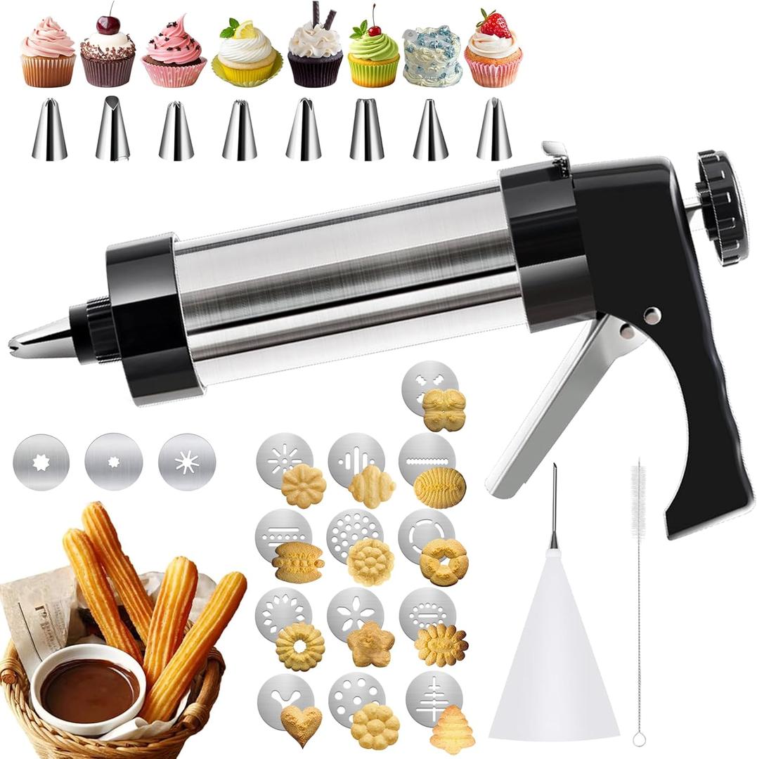 CEANZO Cookie Maker, Churros Maker, Spritz Cookies Press Gun 3 in 1 for Baking with 13 Cookie Discs, 3 Churros Discs and 8 Piping Tips Stainless Steel Easy Clean Cookies Decorating Kit for Christmas
