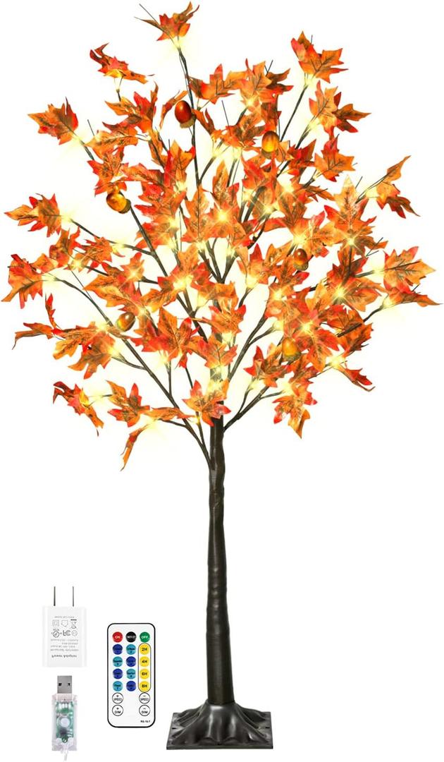 4FT 60LED Lighted Maple Tree - Fall Thanksgiving Decor Artificial Tree with 6 Acorns 120 Leaves, Remote 8 Flashing Modes, Timing, DC 5V Safe for for Indoor Outdoor Harvest Decoration