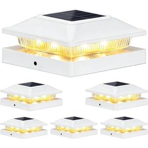 Brightever 4x4 3.5x3.5 Solar Post Cap Lights Outdoor 6-Pack, Solar Fence Post Lights Fit Vinyl/Wood Posts, 2 Modes(Warm/Cool White), Solar Powered Waterproof Deck Post Lights for Patio Porch, White