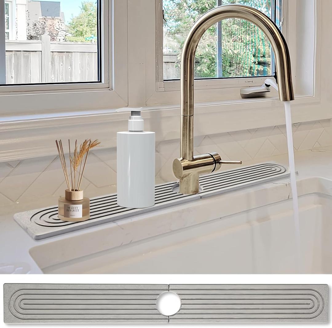 Stone Faucet Mat for Kitchen Sink- 23.6''x 3.9''Diatomite Fast-Drying Faucet Mat, Super Water Absorbing Stone Tray for Sink,Faucet Splash Guard for Bathroom Counter, Gray