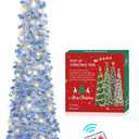 HMASYO 6 FT Pop Up Tinsel Christmas Tree with 100 LED Timer Lights & Remote, Collapsible Artificial Pencil Tree with Blue Snowflake Ornaments Xmas Decoration for Home, Office, Party, USB Powered
