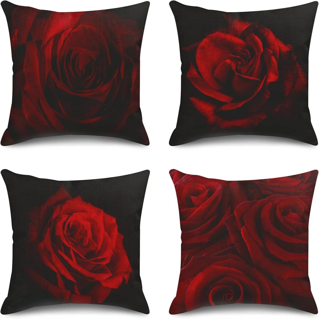 Sanwarm Throw Pillow Covers Home Decor Set of 4 Pillow Cases Decorative 18 x 18 Inches Cushion Couch Sofa Pillowcases Red Rose Flower Black Beauty Bloom