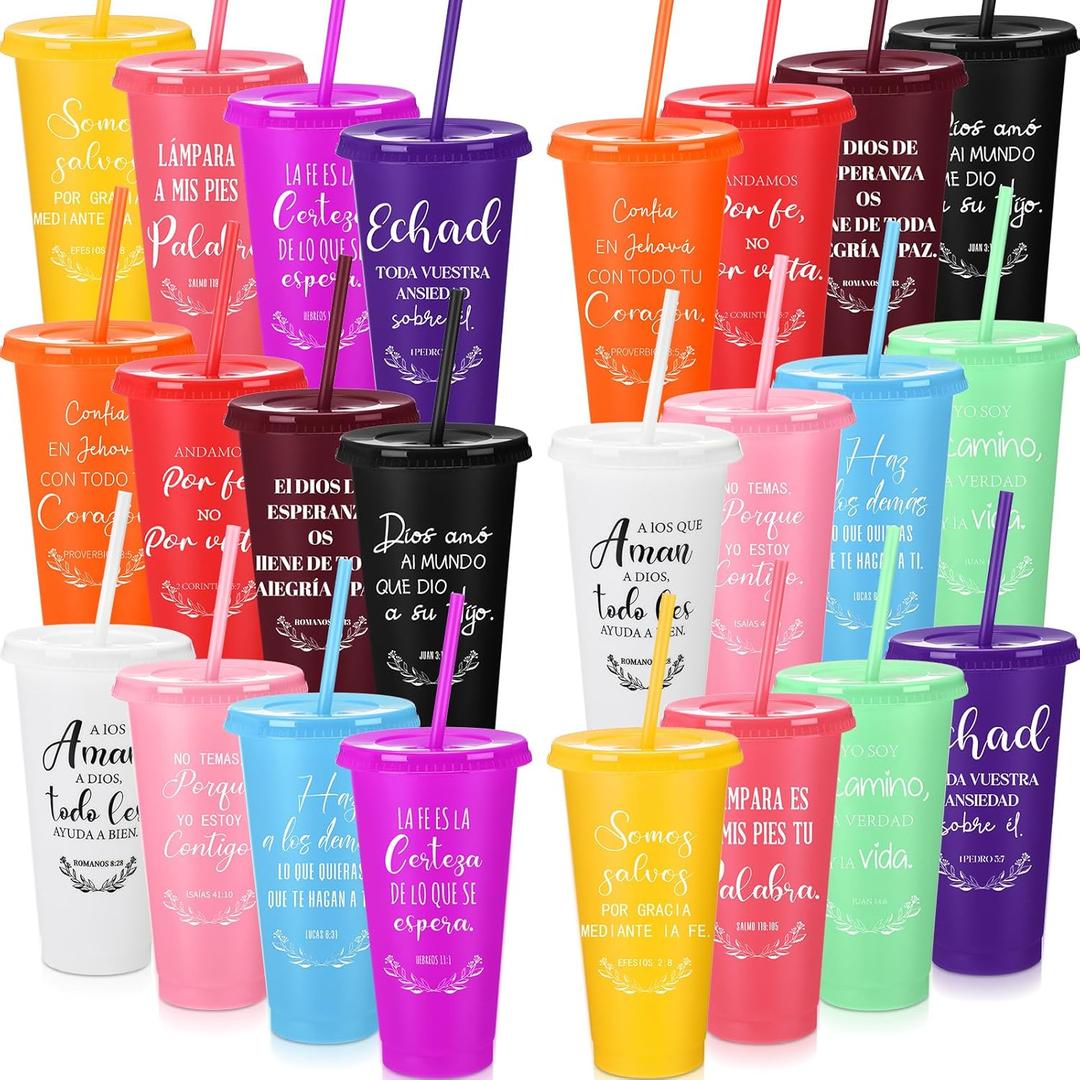 24 Packs Inspirational Christian Gift for Women Men Spanish Bible Verse Tumbler Bulk 24 oz Plastic Tumblers with Lids and Straw Religious Cup Church Gifts for Sunday School (Lovely Colors)