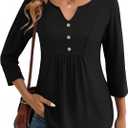 Zeagoo Womens 3/4 Length Sleeve Tops V Neck Dressy Casual T Shirts Pleated Business Work Blouses Basic Tees S-3XL (Black, XL)