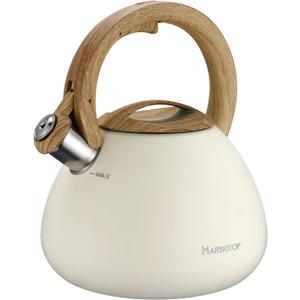 MARSKITOP Tea Kettle Teapot for Stovetop, 2.6 Quart Whistling Tea Kettle for Stove Top, Food Grade Stainless Steel Tea Pot with Wood Pattern Handle, Cream White