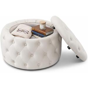 Oval Storage Ottoman with Button-Tufted Diamond Stitch, Upholstered Storage Bench with Lift Top, Multifunctional Footrest Stool for Living Room, Bedroom, Entryway (White), Large