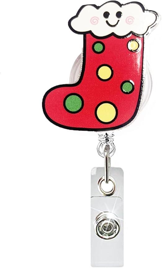 GGDECA Christmas Retractable Badge Holder Stocking Retractable Badge Reels Winter Cute Name Tag Acrylic Alligator Clip Xmas Cute ID Badge Holder for Nurse Work RN Staff Student Teacher Women 2 Pack