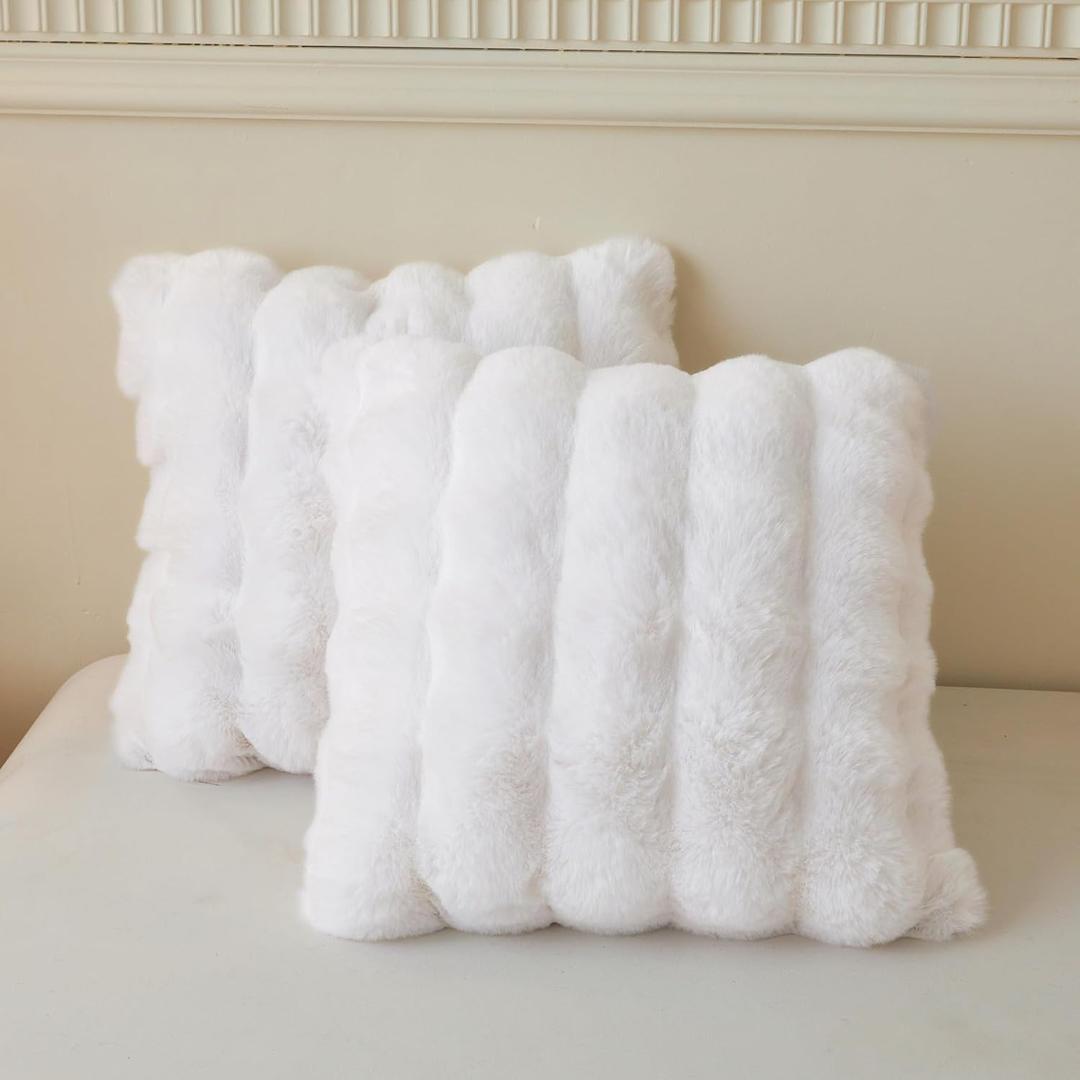 LIFEREVO 2 Pack Fluffy Faux Rabbit Fur Throw Pillow Covers, Luxury Plush Shaggy 18x18 Bubble Waffle Cushion Covers Zipper Closure, Decorative Furry Fuzzy Pillow Shams for Bedroom Living Room, White