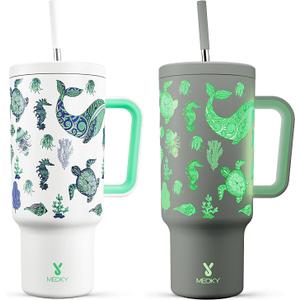 Meoky 40 oz Glow in the Dark Tumbler with Handle and Straw, Tumbler with Lid and Straw, Insulated Stainless Steel Travel Mug, 100% Leak-proof, Keeps Cold for 34 Hours (Sea Life)
