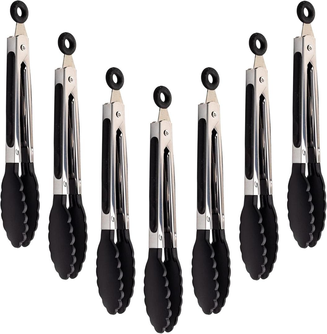 Winning team 7 Pack Kitchen Tongs Set 7-Inch Black Mini Small Food Tongs with Stainless Steel Silicon Handles and Nylon Tips Heat Resistant Tongs for Cooking, Serving, BBQ, Grilling, Salad and More