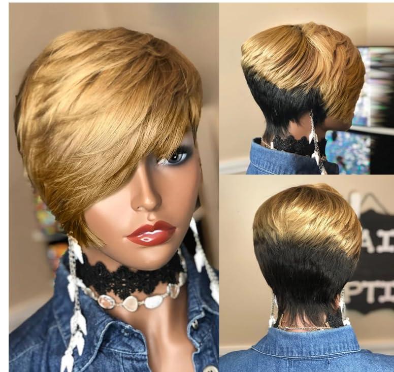 Short Human Hair Wigs for Black Women Short Blonde Bob Pixie Cut Wig Human Hair Short Wigs Human Hair Natural Straight Pixie Wig with Bangs Ombre Blond 1b/27# 8inch