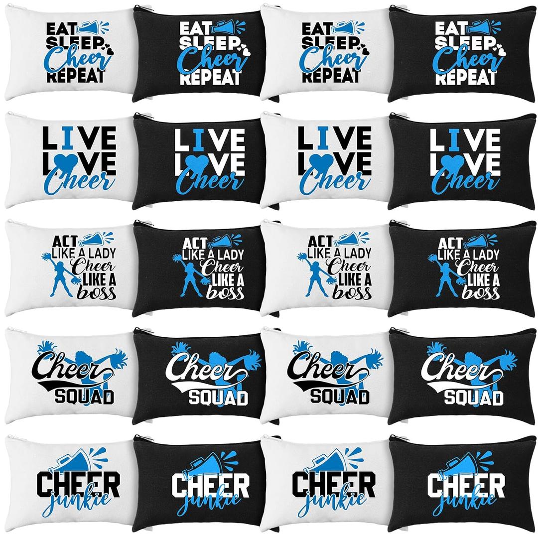 Pinkunn 20 Pcs Cheer Makeup Bags Bulk Cheerleader Gifts for Women Canvas Cheer Cosmetic Pouch Toiletry Zipper Makeup Case Cheerleading Portable Travel Pouch Team Accessories(Blue)