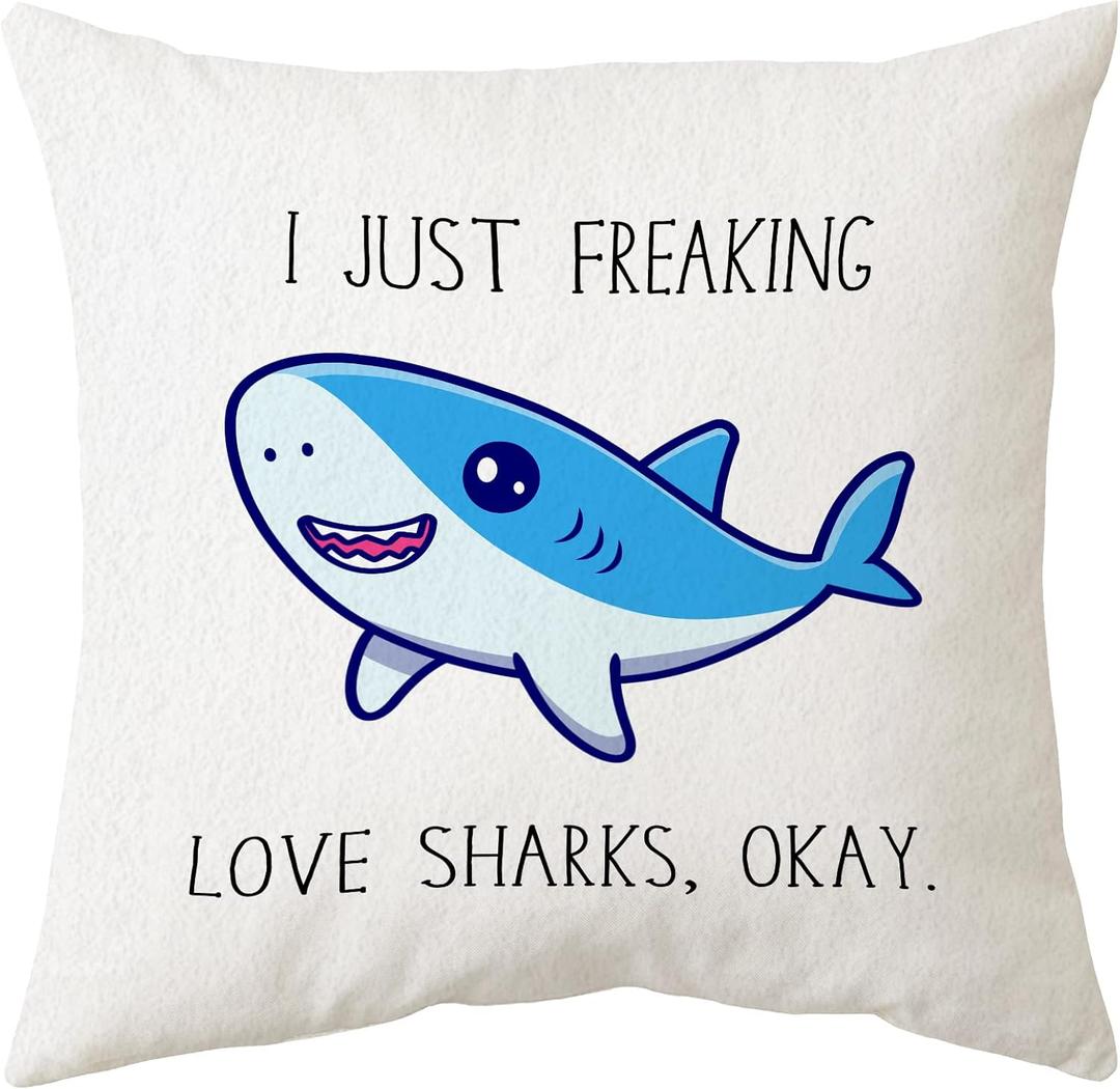 Sidhua Farmhouse Sharks Ocean Animals Themed Pillowcase Decorations for Home, I Just Freaking Love Sharks Okay Shark Throw Pillow Cover 18x18, Love Gifts, Shark Lover Gifts