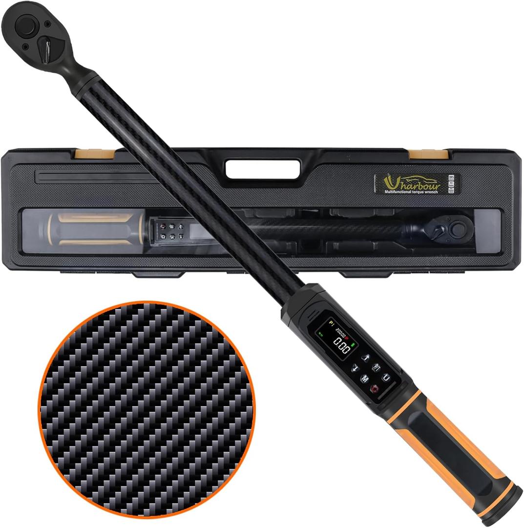 Digital Torque Wrench 1/2 Drive with Carbon Fiber Body, 2.2-147.5 Ft.lb Range, 1% Accuracy with Vibration, Buzzer and LED Alert, Suitable for Car, Motorcycle and Bicycle