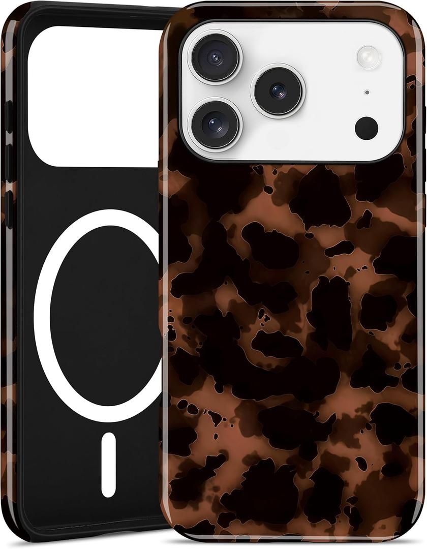 Jusy Compatible with MagSafe Brown Tortoise Shell Print Phone Case for iPhone 17 Pro Max, Amber Trendy Luxury Magnetic Soft TPU and Hard PC Protective Phone Cover for Women Girls - Brown