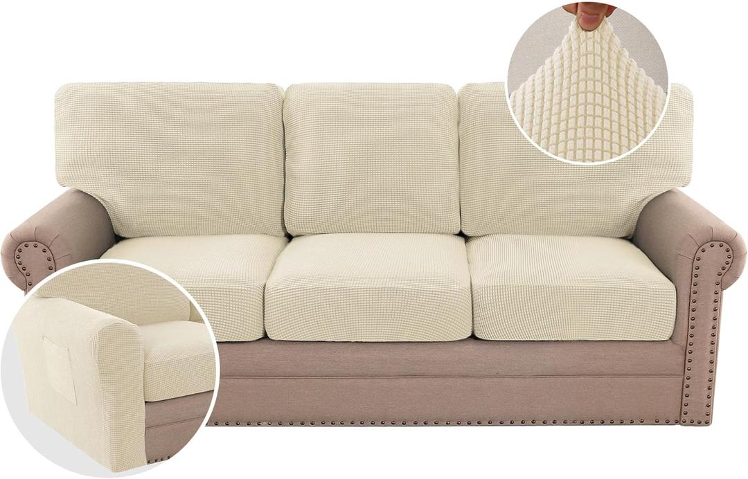 H.VERSAILTEX Multi-Pieces Sofa Covers Stretch Couch Covers Form Fitted Seats and Back Cushions Covers (3 Seat Covers Plus 3 Back Cusion Covers, Bonus 2 Armrest Covers), Natural