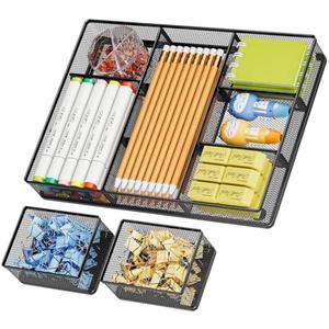 Marbrasse 3 Packs Desk Drawer Organizers, Metal Mesh Dividers Desk Drawer Organizer Tray with 9 Adjustable Compartments, Pen Organizer for Drawer Tray Box Accessories for Desktop,Kitchen, Makeup