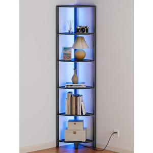 Furnulem 6 Tier Corner Shelf with LED Light, 67.5” Tall Standing Shelf Organizer, Black Narrow Bookshelf with Storage Rack for Wall Corner, Living Room, Bedroom, Metal Frame, Wood Display Shelf