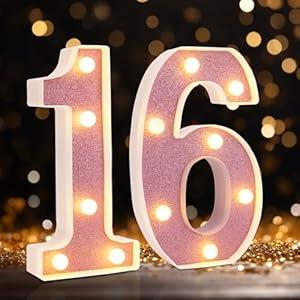 Led Light Up Numbers, Sweet 16th Birthday Party Decorations, Battery Powered Number 16 Light Up Sign, 16th Birthday Decorations for Girls (Pink Glitter)