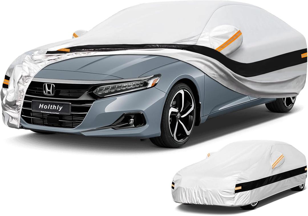 10 Layer Car Cover Waterproof All Weather for Sedan,100% Waterproof Outdoor Car Covers for Automobiles Rain Sun Protection. Custom Fit for Midsized Car Toyota Camry,Honda Accord, etc (A4-See vehicle size chart, Silver)