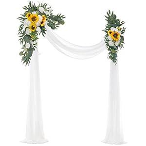 Floroom Arch Flowers with Drapes Kit (Pack of 4) - 2pcs Artificial Sunflower Floral Swag Arrangement with 2pcs Draping Fabric for Wedding Ceremony Arbor and Reception Backdrop Decoration