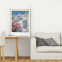 Natural Oak Tropical Island Frame Wall Art, 12x16inch White and Blue Architectural Pink Flower Canvas Wall Printed Matter, Classic City Landmark Wall Decoration Office Bedroom Living Room