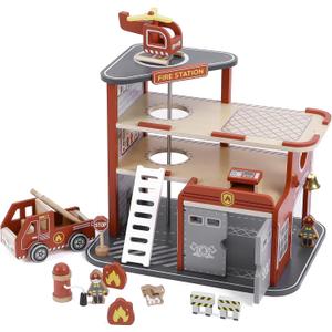 Freniland Wooden Fire Station Playset, 4-Level Pretend Play Firehouse with Fire Truck, Helicopter, Figures & Accessories, Educational Role Play Toy for Toddlers Kids Age 3+