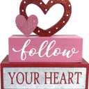 Valentines Day Decor 3-Layered Pink Love Heart Block Happy Valentine's Day Wooden Table Decorations Farmhouse Rustic Shiny Valentines Sign for Home Room, Tiered Tray, Fireplace, Shelf